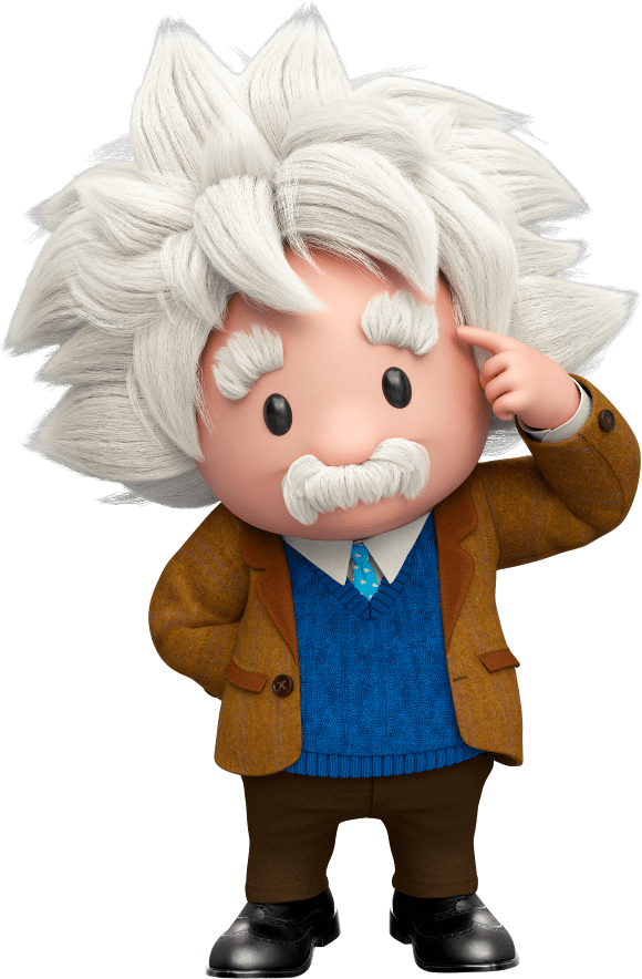Animated character resembling Albert Einstein with wild white hair, bushy eyebrows, and a mustache, wearing a brown jacket over a blue sweater and white shirt with a tie. The character is pointing to his head with one hand and has the other hand resting on his hip