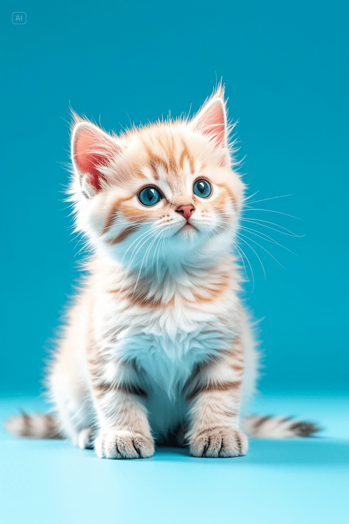 a cute little kitten with soft fur on a lake blue solid color background,photo, photography, soft li...