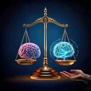 firefly a scale balancing a glowing ai brain on one side and a human hand on the other. the scale is