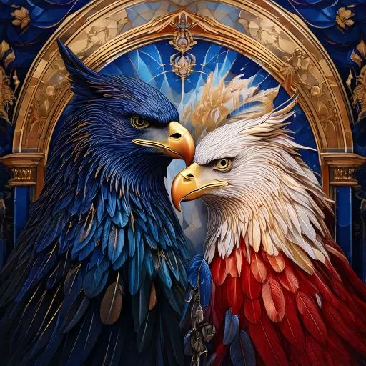 Two majestic eagles with feathers resembling intricate architectural elements, standing face to face in a regal setting.