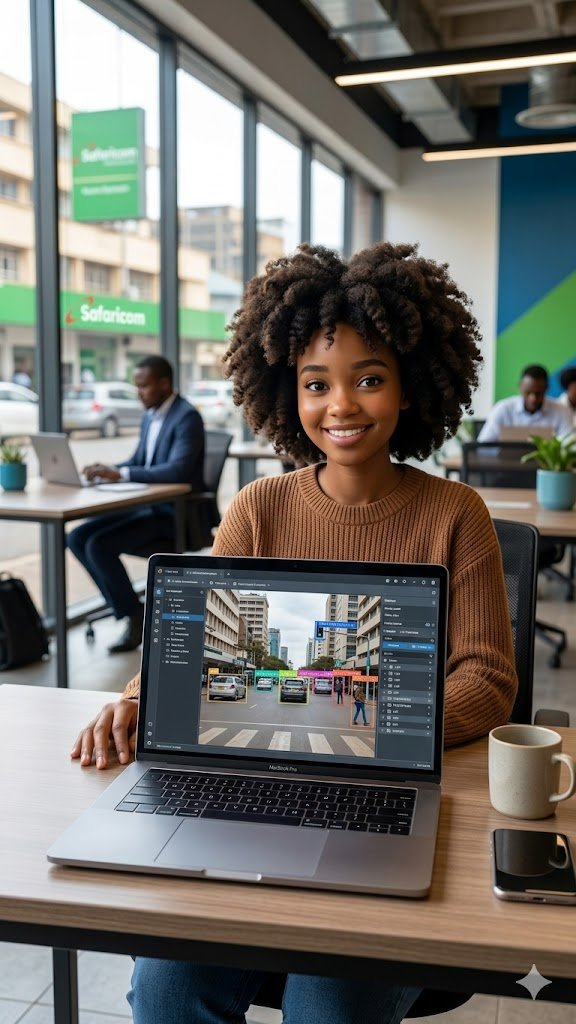 Young Kenyan woman performing RLHF image annotation on a laptop in a Nairobi co-working space with Safaricom branding in the background