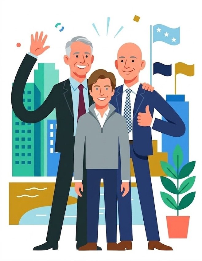 simplified, joyful jeff grifithmleoanrd and jeff bezos stylized proportions resized