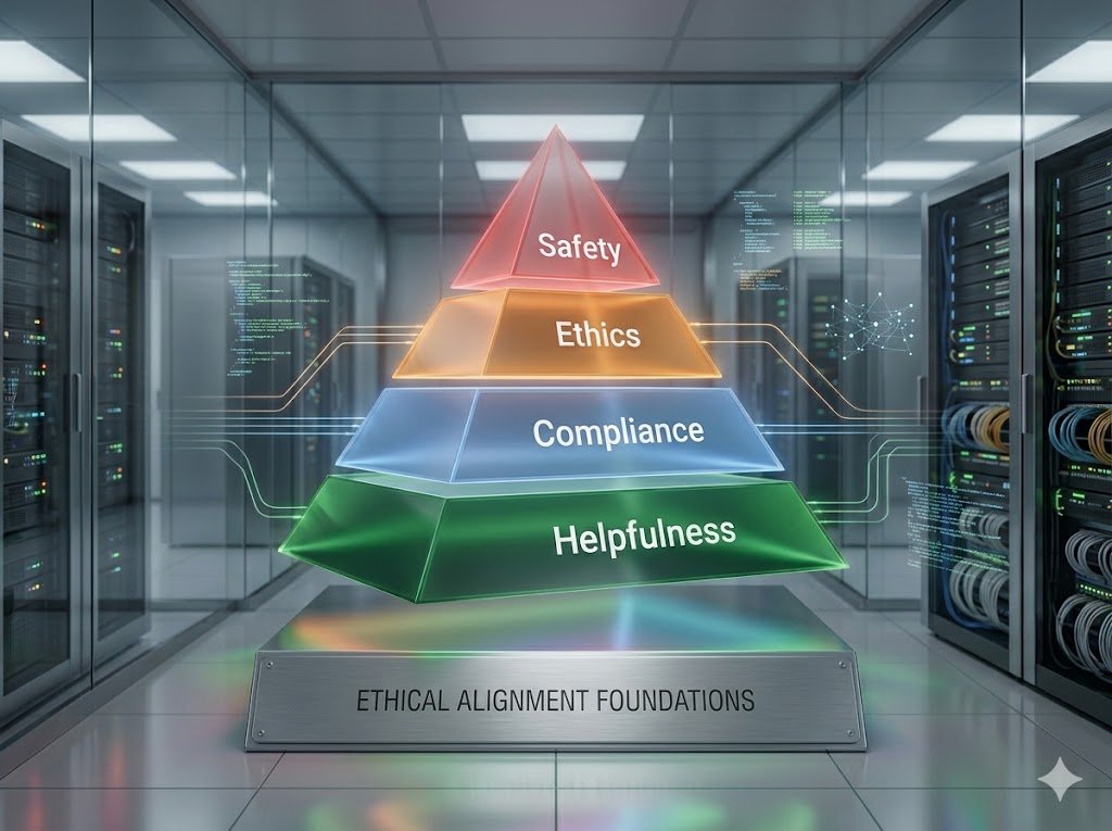 Infographic illustrating the Pyramidal Value Hierarchy of the Claude AI Constitution Framework