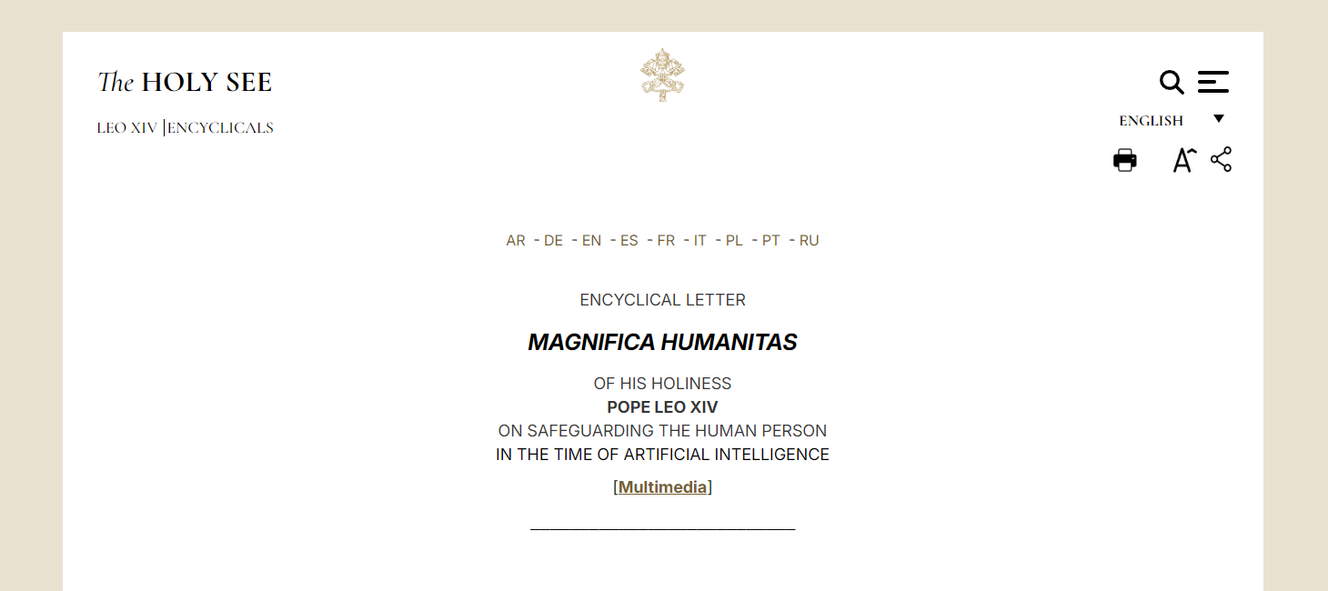 Official presentation panel for the Papal Encyclical Magnifica Humanitas addressing the ethical alignment of technology