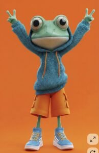 3D stylized frog character wearing a blue hoodie and orange shorts representing creative AI asset generation