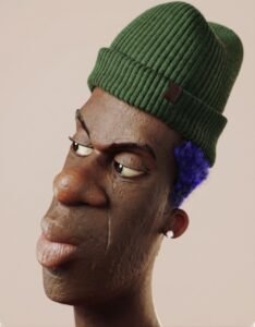 3D claymation style portrait of a character with a green beanie and blue hair representing digital design